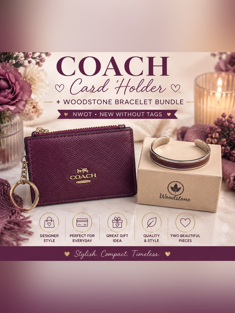 💜 NWOT Coach Plum Purple Card Holder + Woodstone Bracelet Bundle